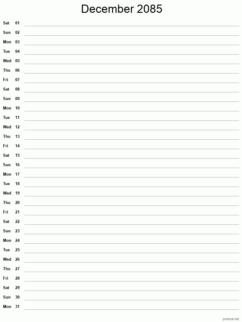 December 2085 Printable Calendar - Single Column Notesheet