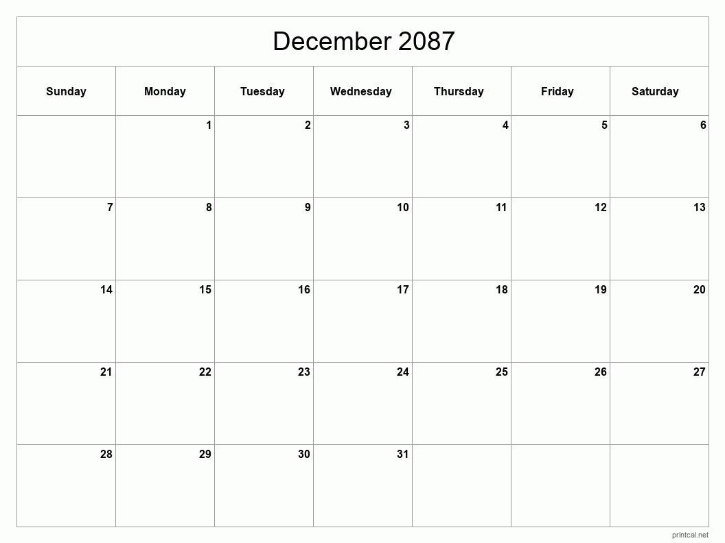 December 2087 Printable Calendar - Classic Blank Sheet