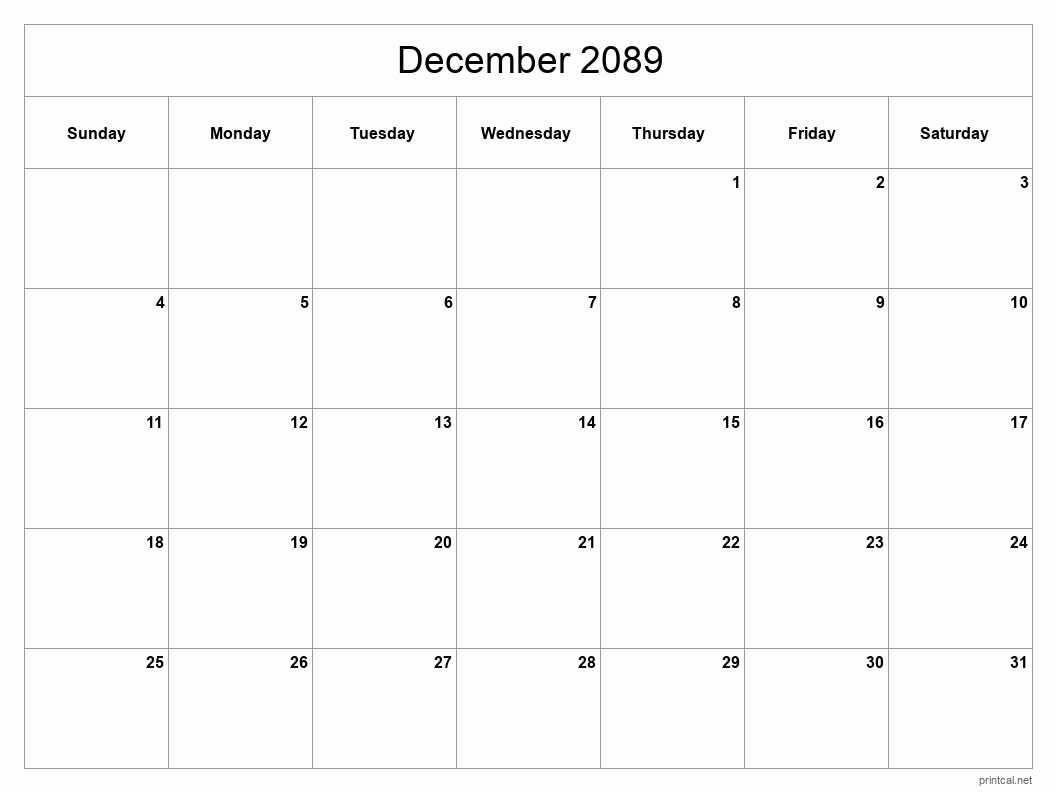 December 2089 Printable Calendar - Classic Blank Sheet