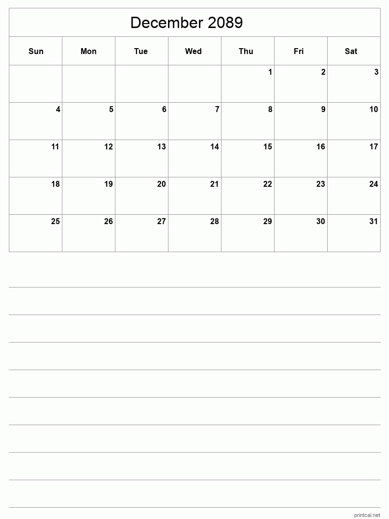 December 2089 Printable Calendar - Half-Page With Notesheet