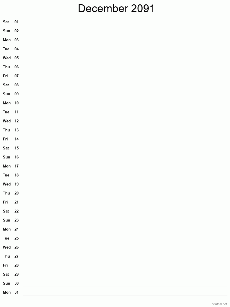 December 2091 Printable Calendar - Single Column Notesheet