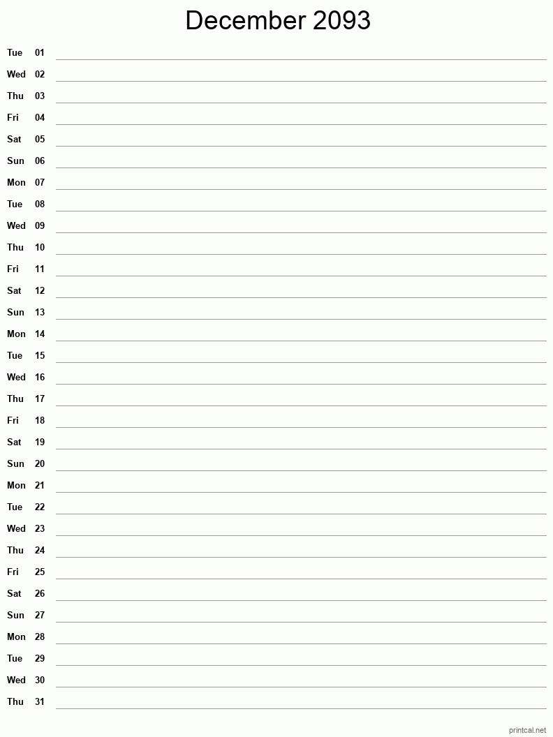 December 2093 Printable Calendar - Single Column Notesheet