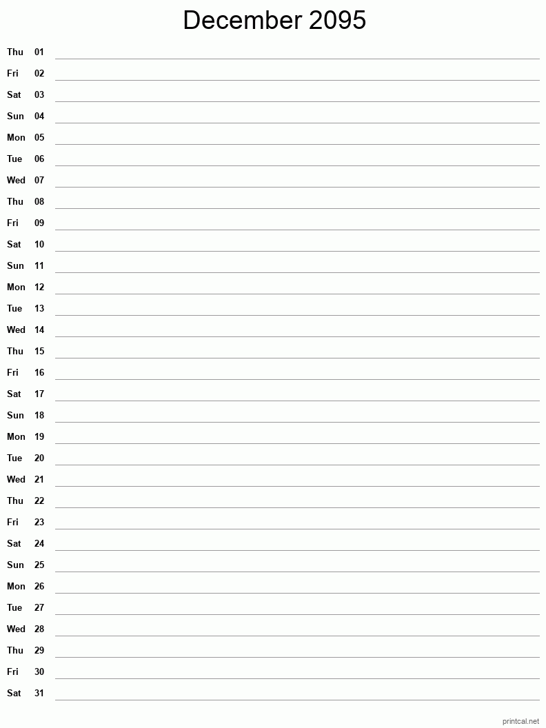 December 2095 Printable Calendar - Single Column Notesheet