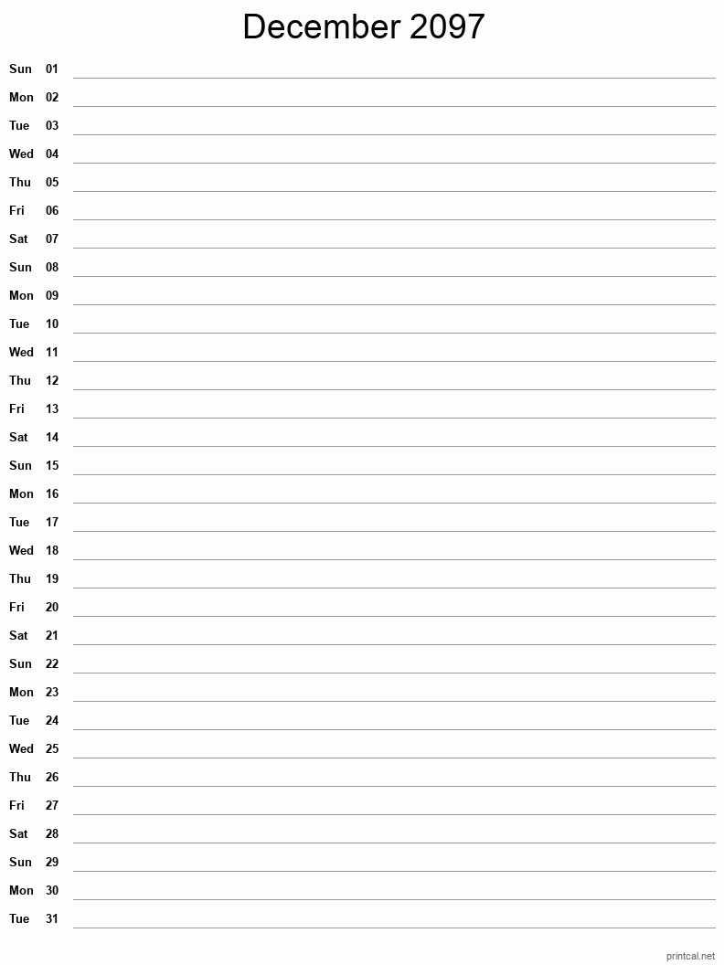 December 2097 Printable Calendar - Single Column Notesheet