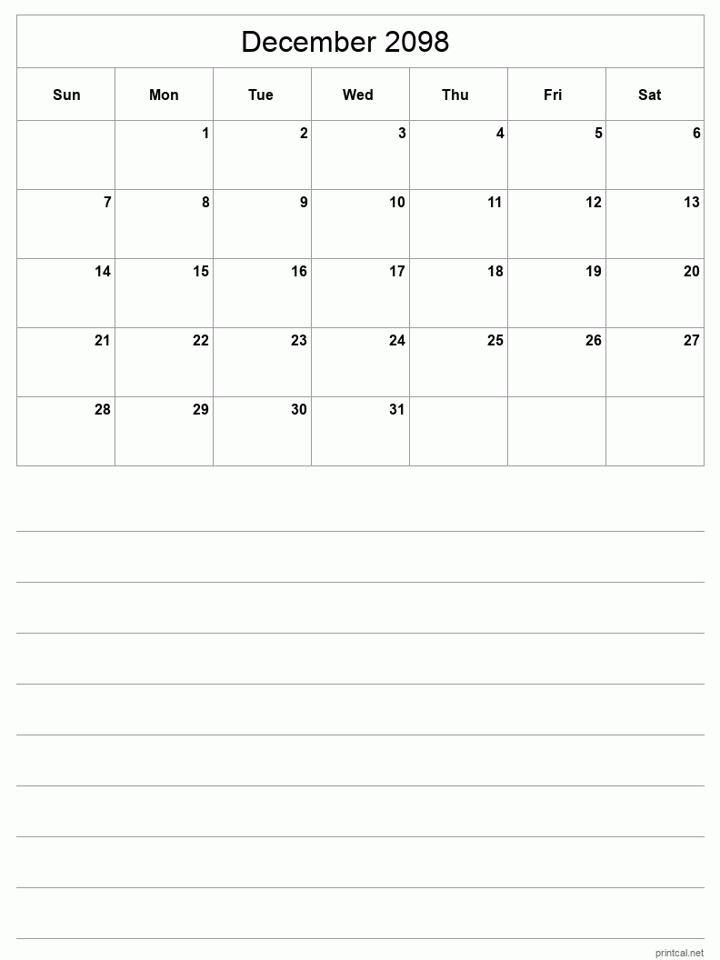 December 2098 Printable Calendar - Half-Page With Notesheet