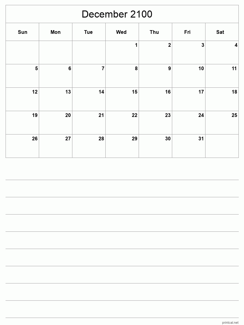 December 2100 Printable Calendar - Half-Page With Notesheet