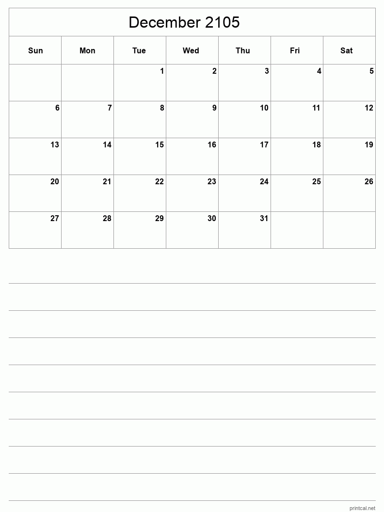 December 2105 Printable Calendar - Half-Page With Notesheet