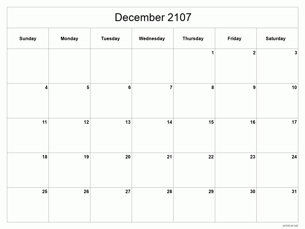 December 2107 Printable Calendar - Classic Blank Sheet