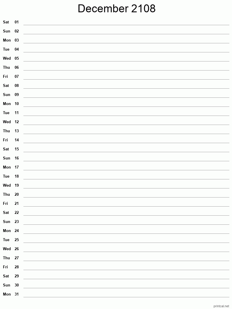 December 2108 Printable Calendar - Single Column Notesheet