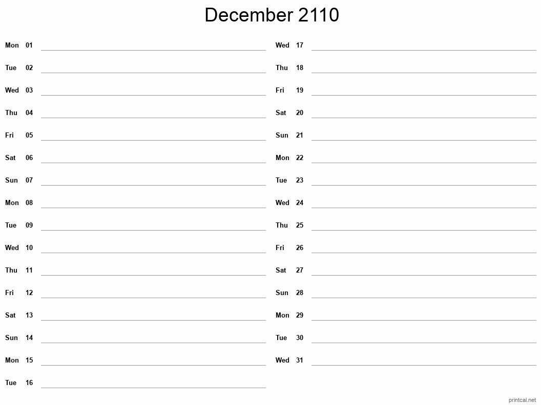 December 2110 Printable Calendar - Two Column Notesheet