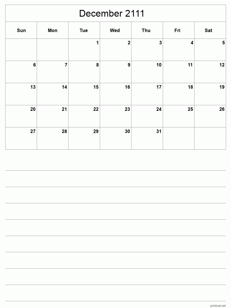 December 2111 Printable Calendar - Half-Page With Notesheet