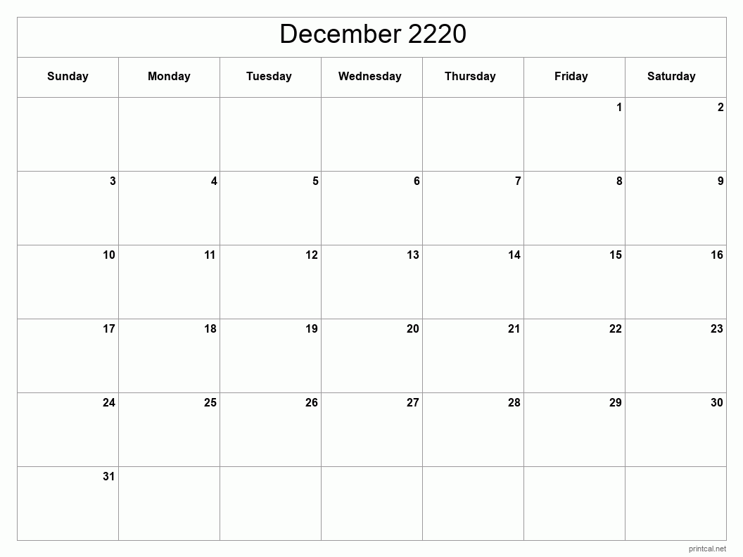 December 2220 Printable Calendar - Classic Blank Sheet