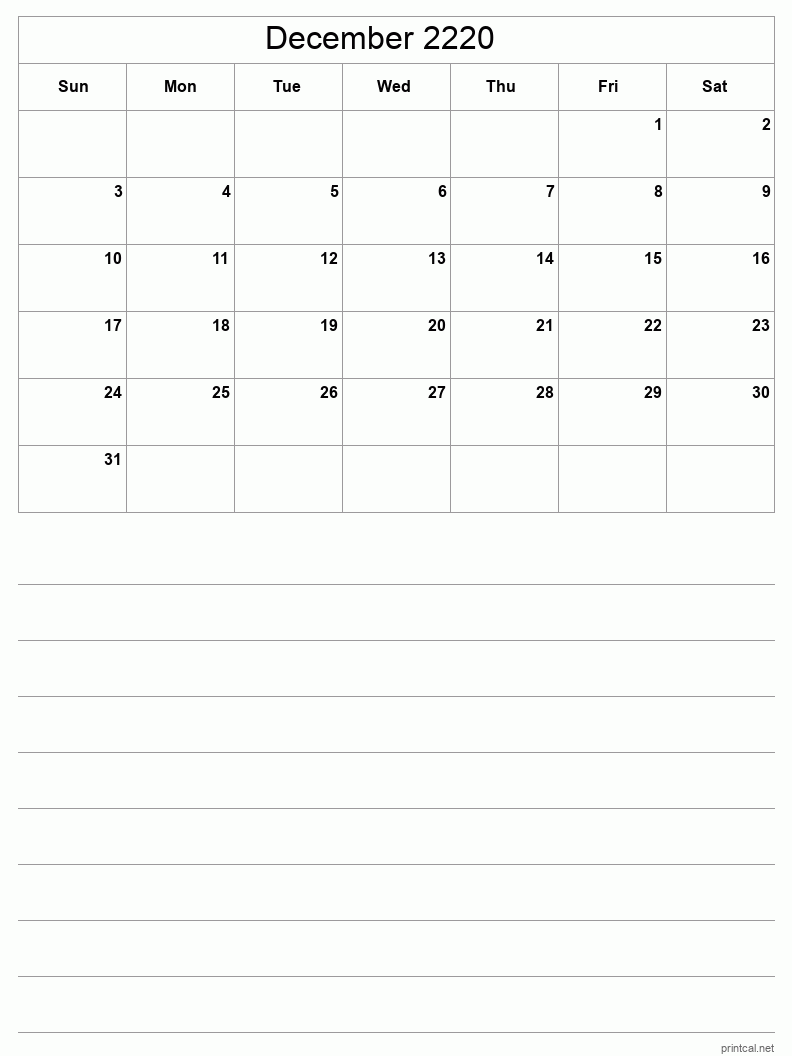 December 2220 Printable Calendar - Half-Page With Notesheet