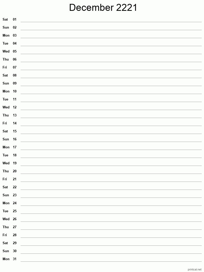 December 2221 Printable Calendar - Single Column Notesheet