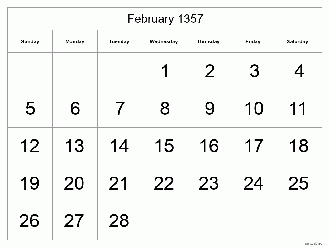 February 1357 Printable Calendar - Big Dates