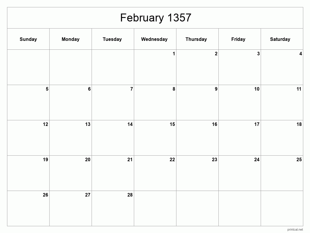 February 1357 Printable Calendar - Classic Blank Sheet