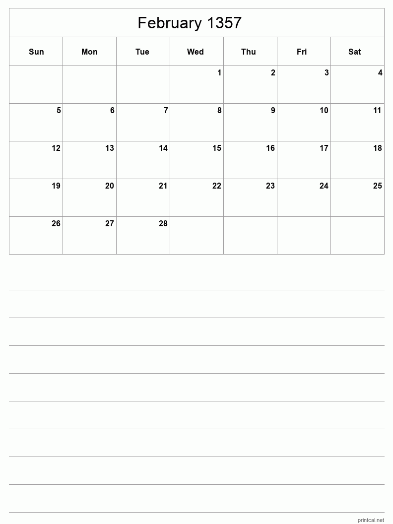 February 1357 Printable Calendar - Half-Page With Notesheet