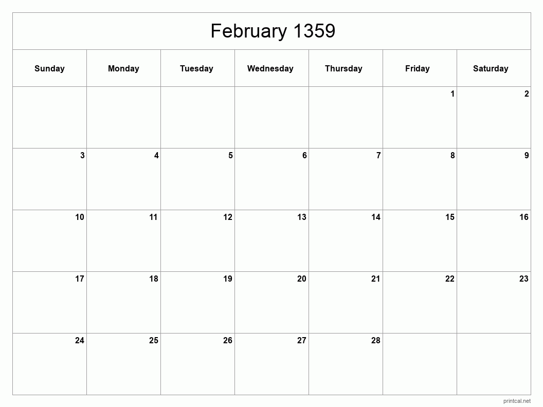 February 1359 Printable Calendar - Classic Blank Sheet