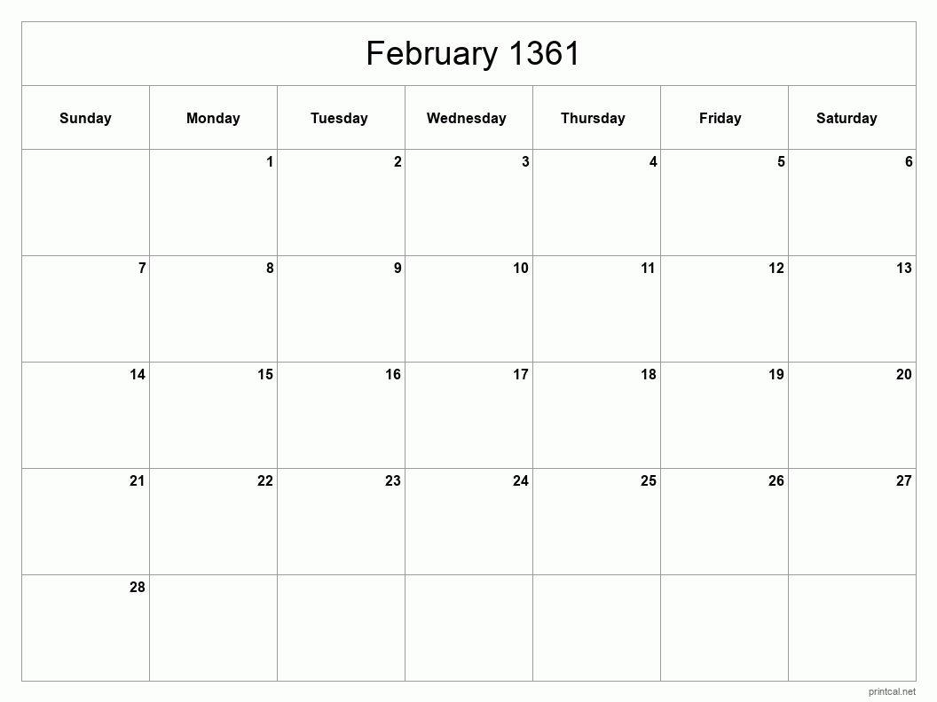 February 1361 Printable Calendar - Classic Blank Sheet