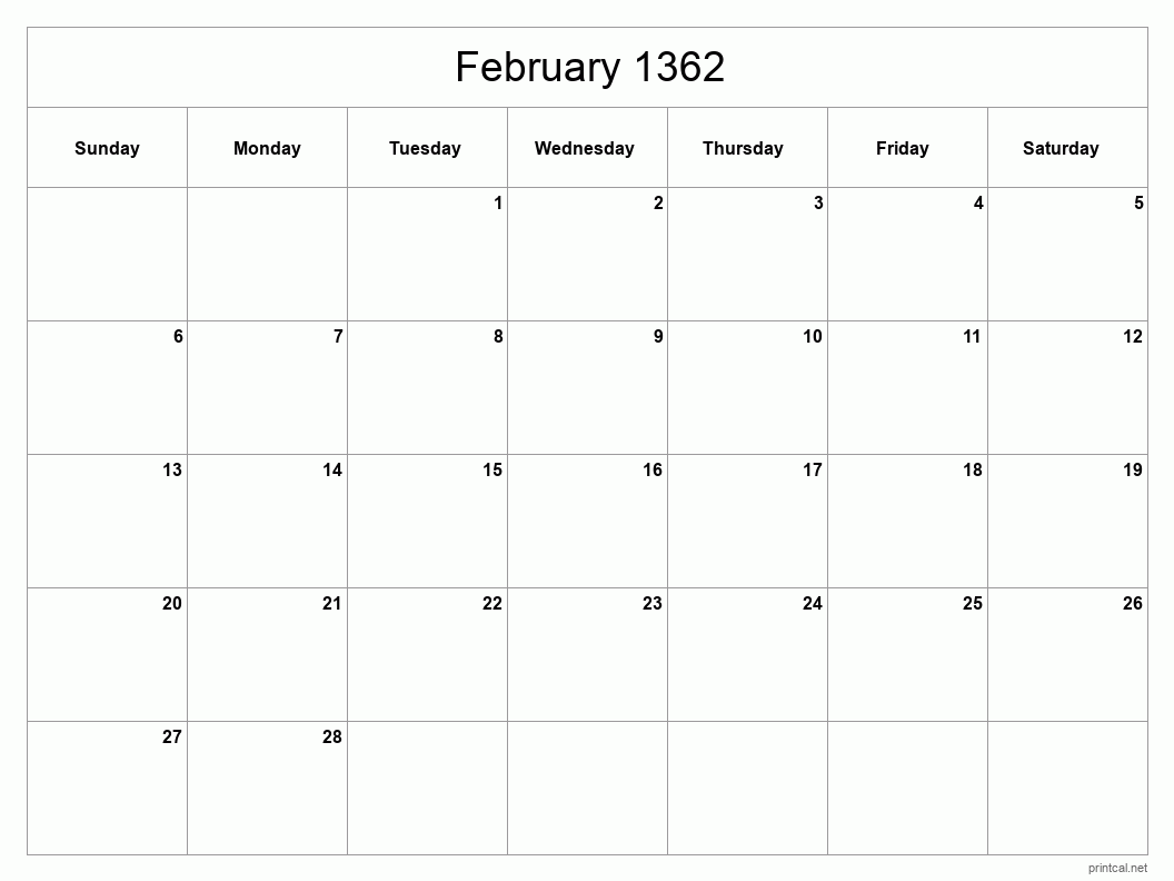 February 1362 Printable Calendar - Classic Blank Sheet