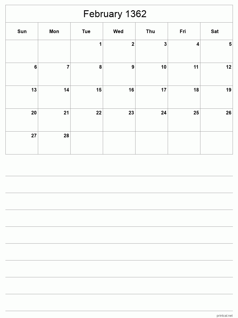 February 1362 Printable Calendar - Half-Page With Notesheet