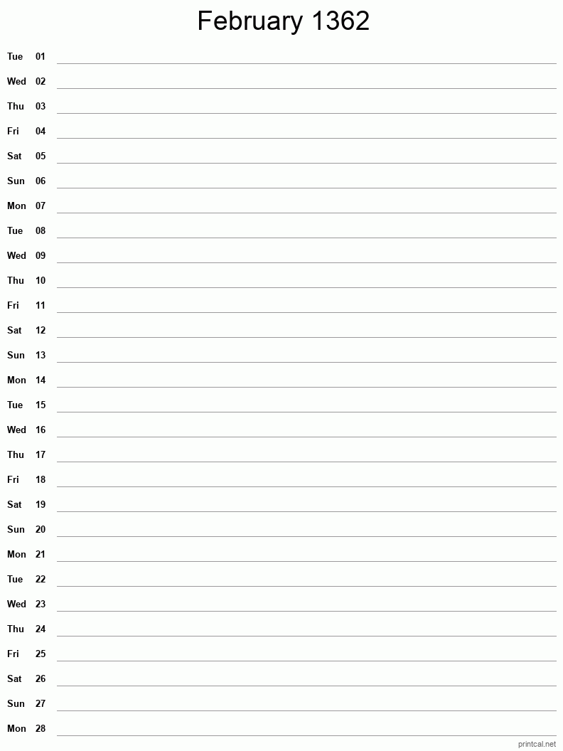 February 1362 Printable Calendar - Single Column Notesheet