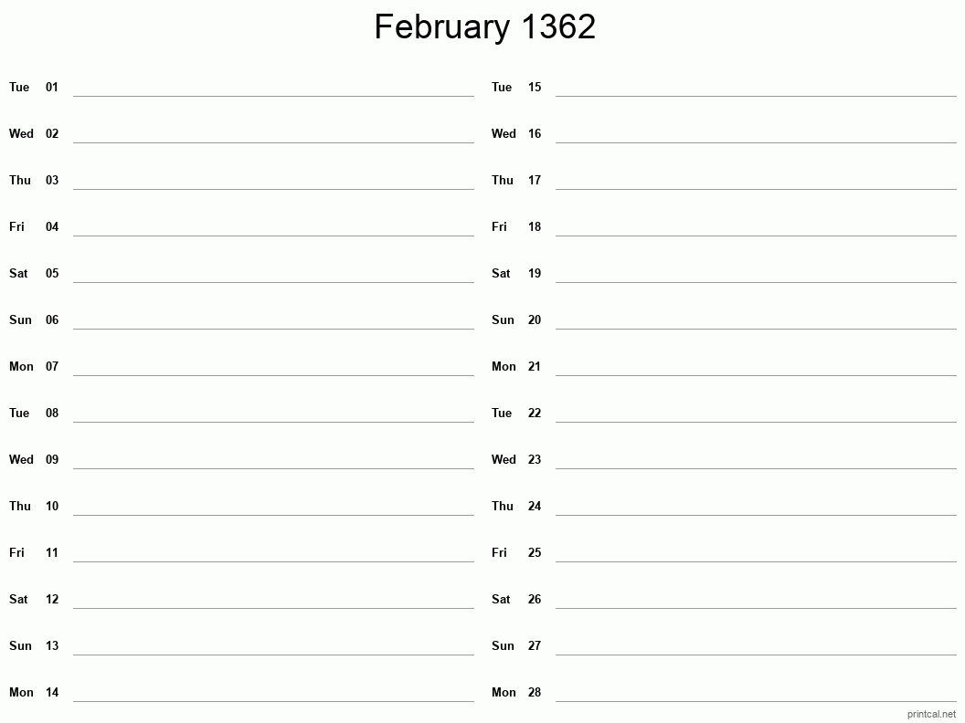 February 1362 Printable Calendar - Two Column Notesheet