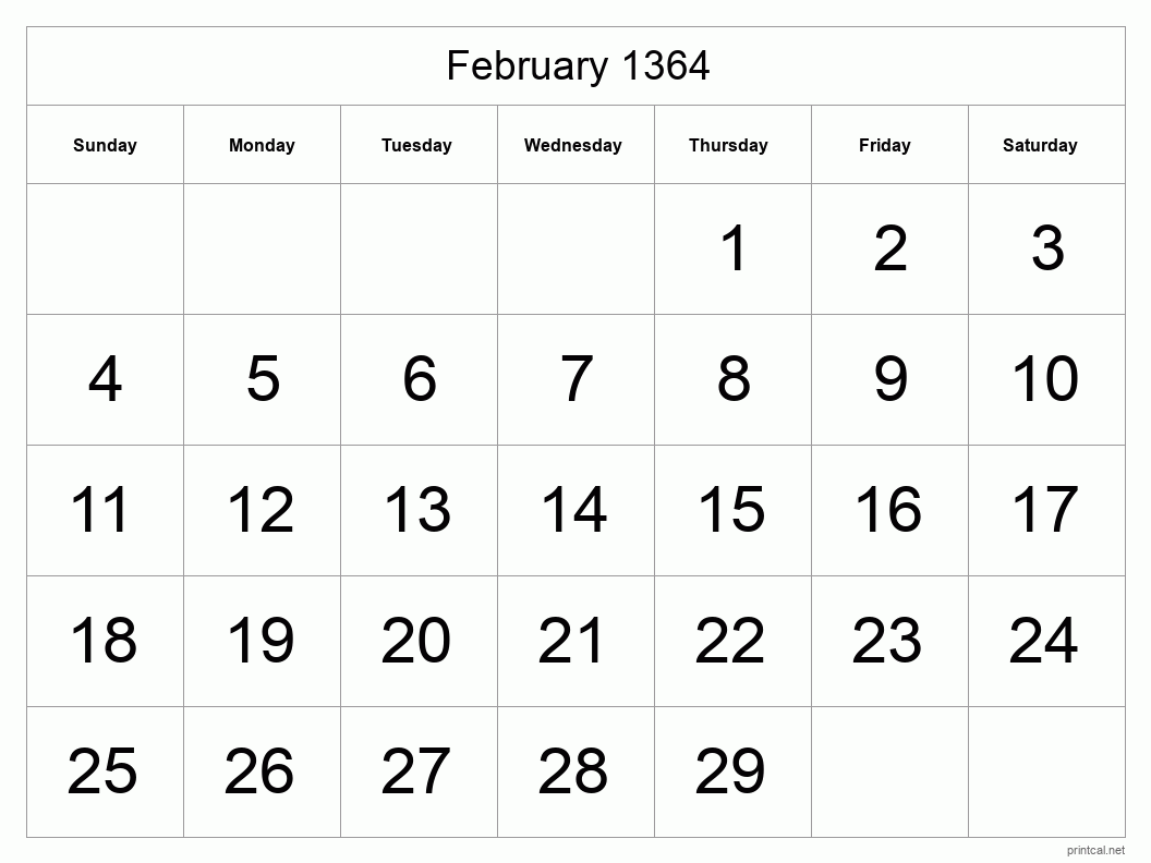 February 1364 Printable Calendar - Big Dates