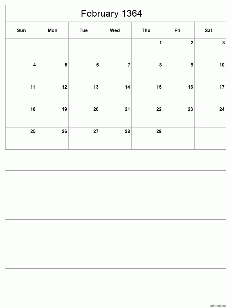 February 1364 Printable Calendar - Half-Page With Notesheet