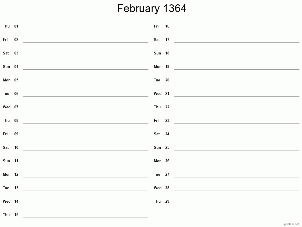 February 1364 Printable Calendar - Two Column Notesheet