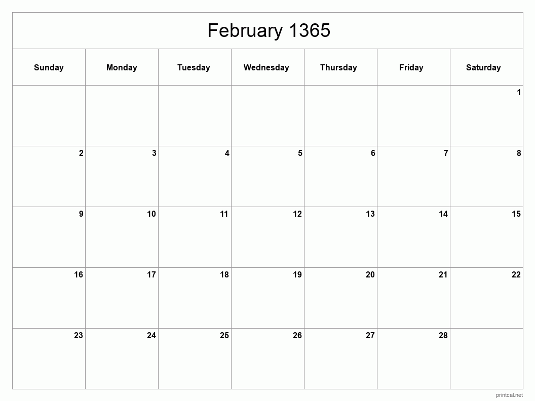 February 1365 Printable Calendar - Classic Blank Sheet