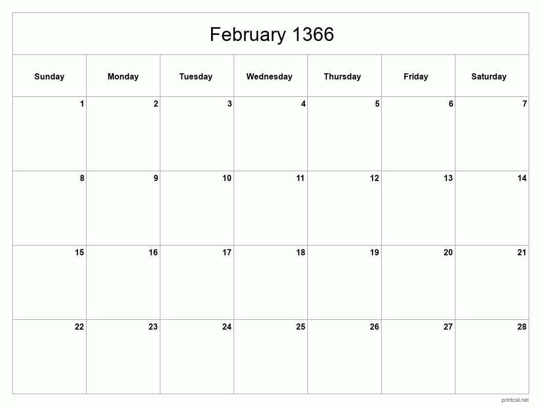 February 1366 Printable Calendar - Classic Blank Sheet