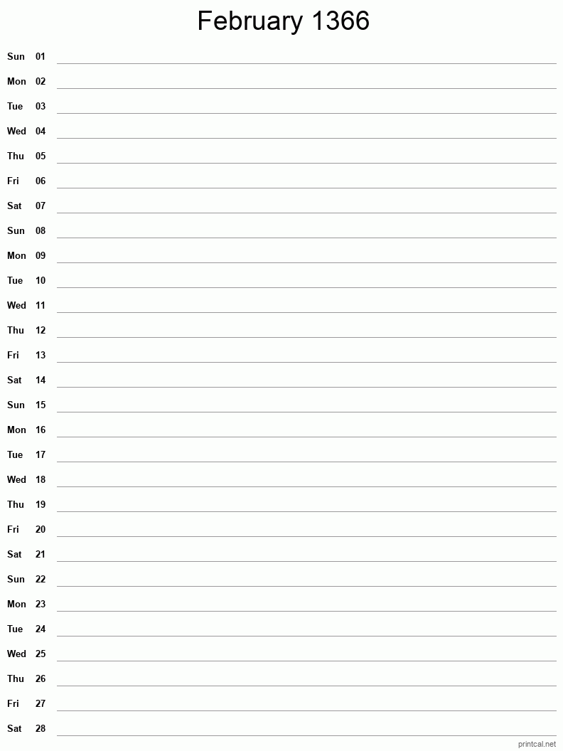 February 1366 Printable Calendar - Single Column Notesheet