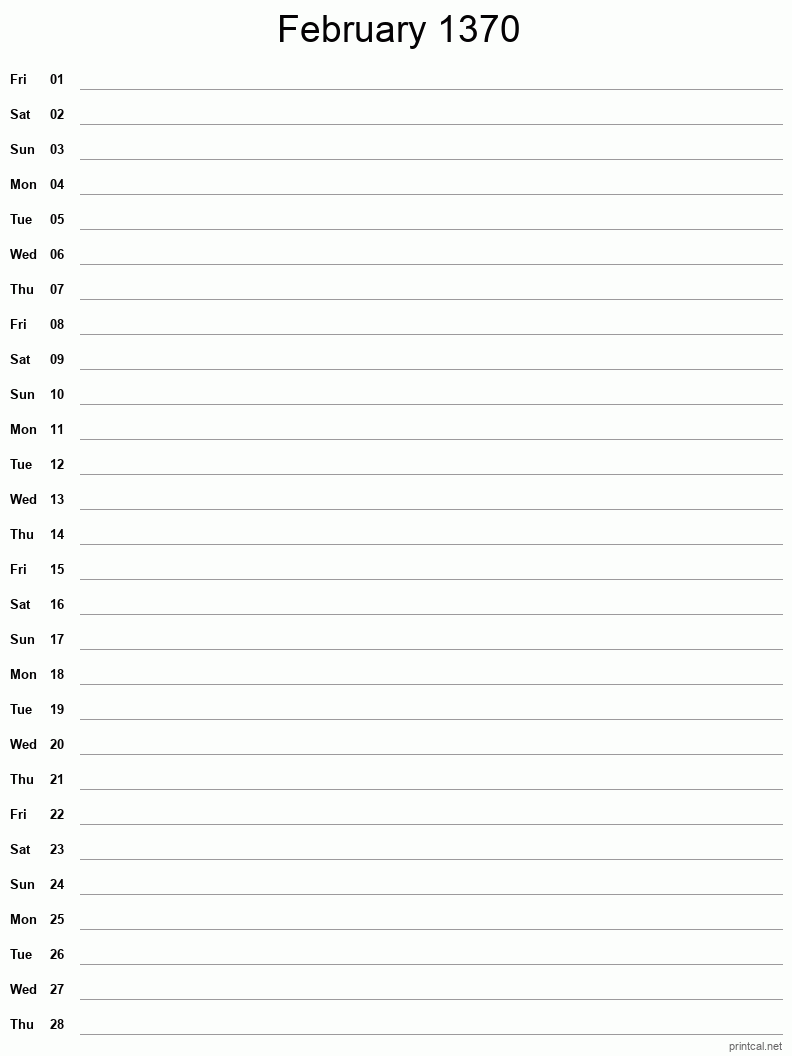 February 1370 Printable Calendar - Single Column Notesheet