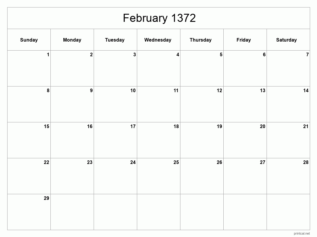 February 1372 Printable Calendar - Classic Blank Sheet