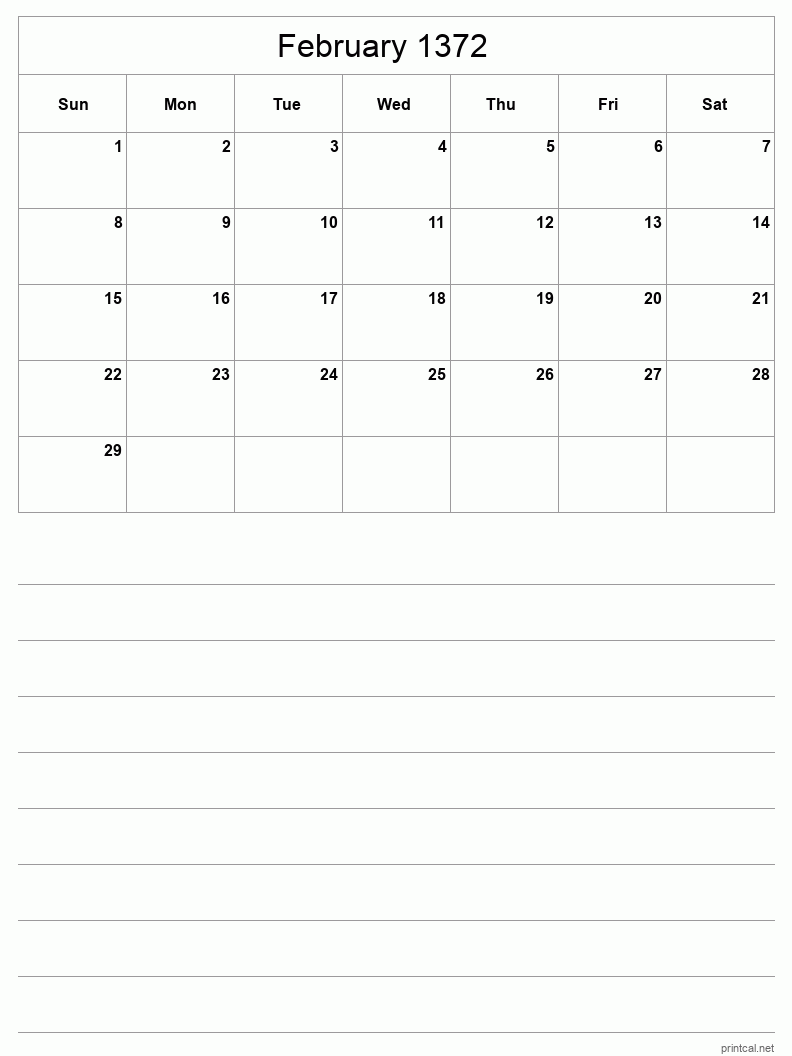 February 1372 Printable Calendar - Half-Page With Notesheet