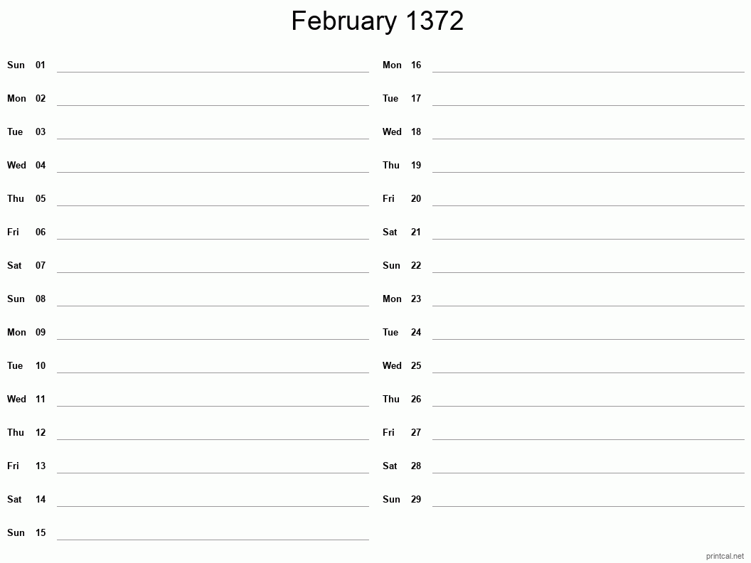 February 1372 Printable Calendar - Two Column Notesheet