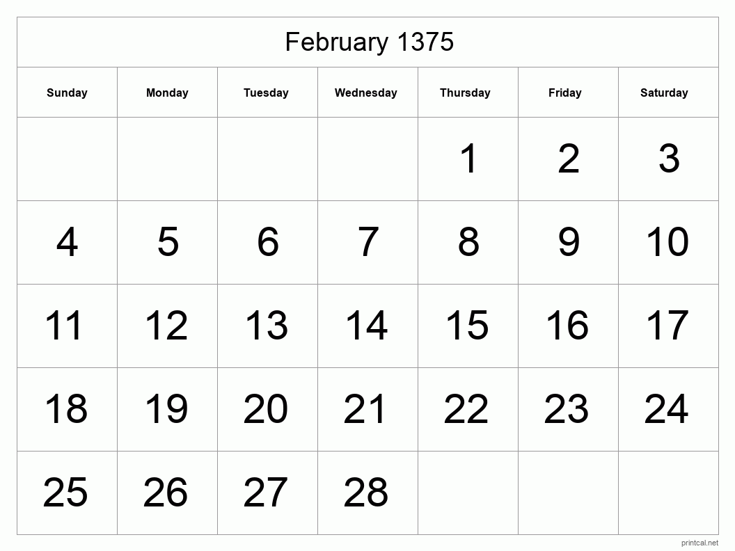 February 1375 Printable Calendar - Big Dates