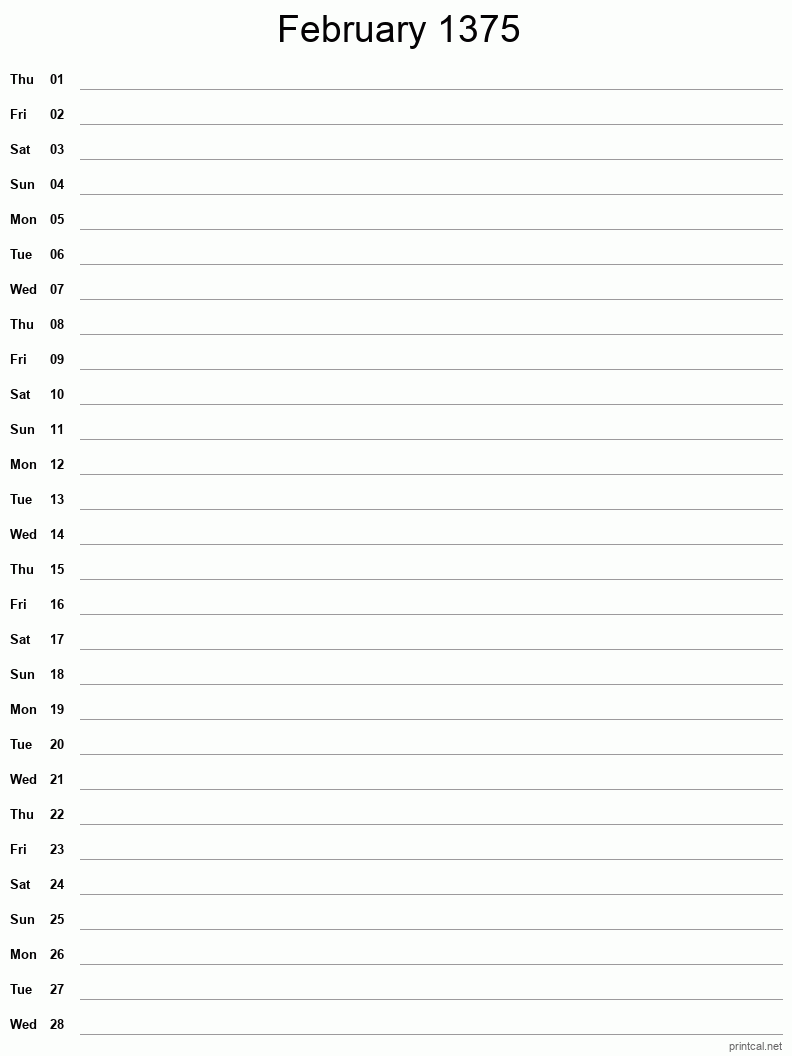 February 1375 Printable Calendar - Single Column Notesheet