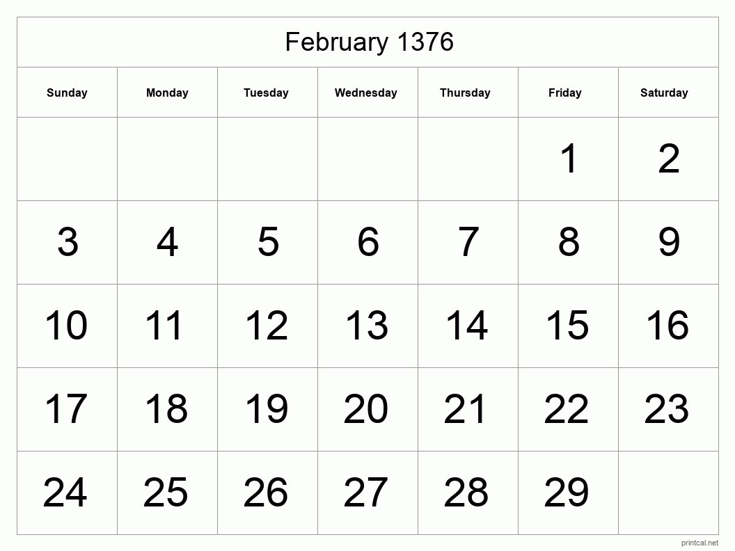 February 1376 Printable Calendar - Big Dates