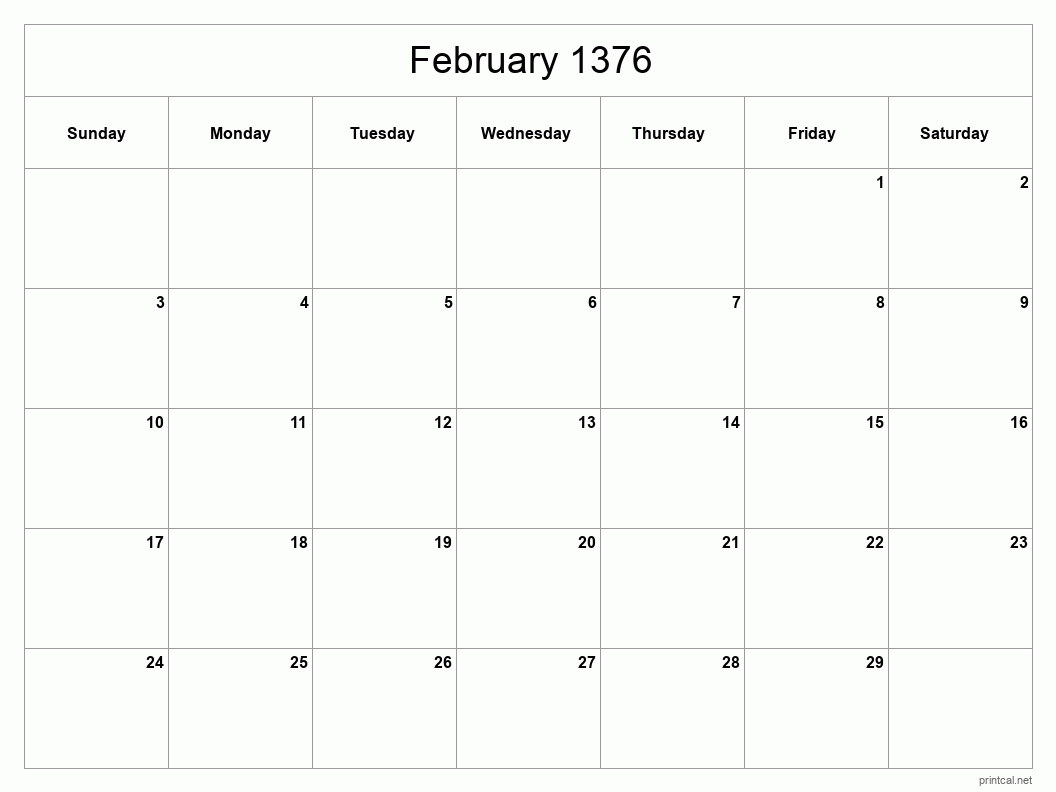 February 1376 Printable Calendar - Classic Blank Sheet