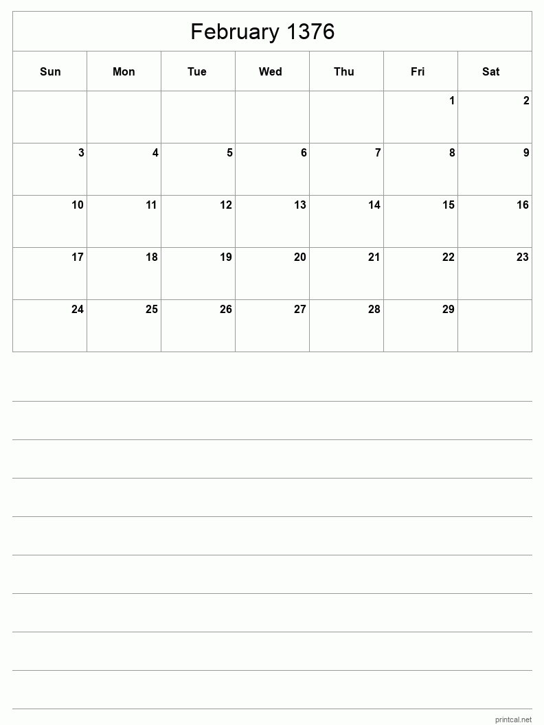 February 1376 Printable Calendar - Half-Page With Notesheet