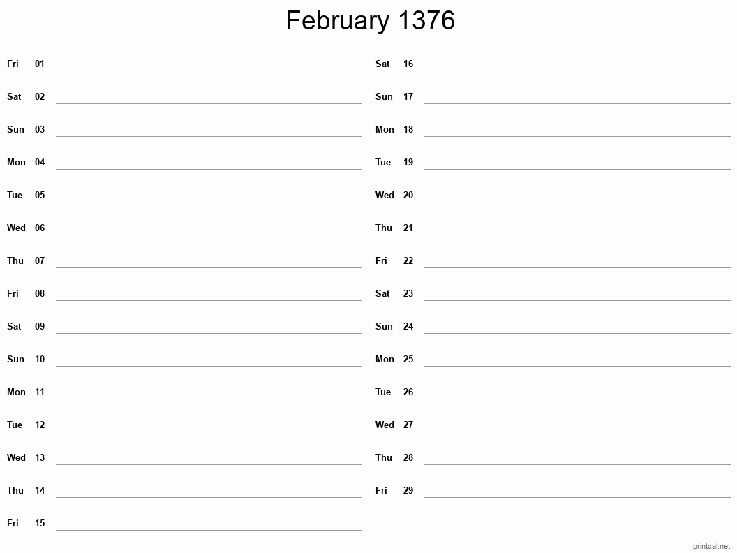 February 1376 Printable Calendar - Two Column Notesheet