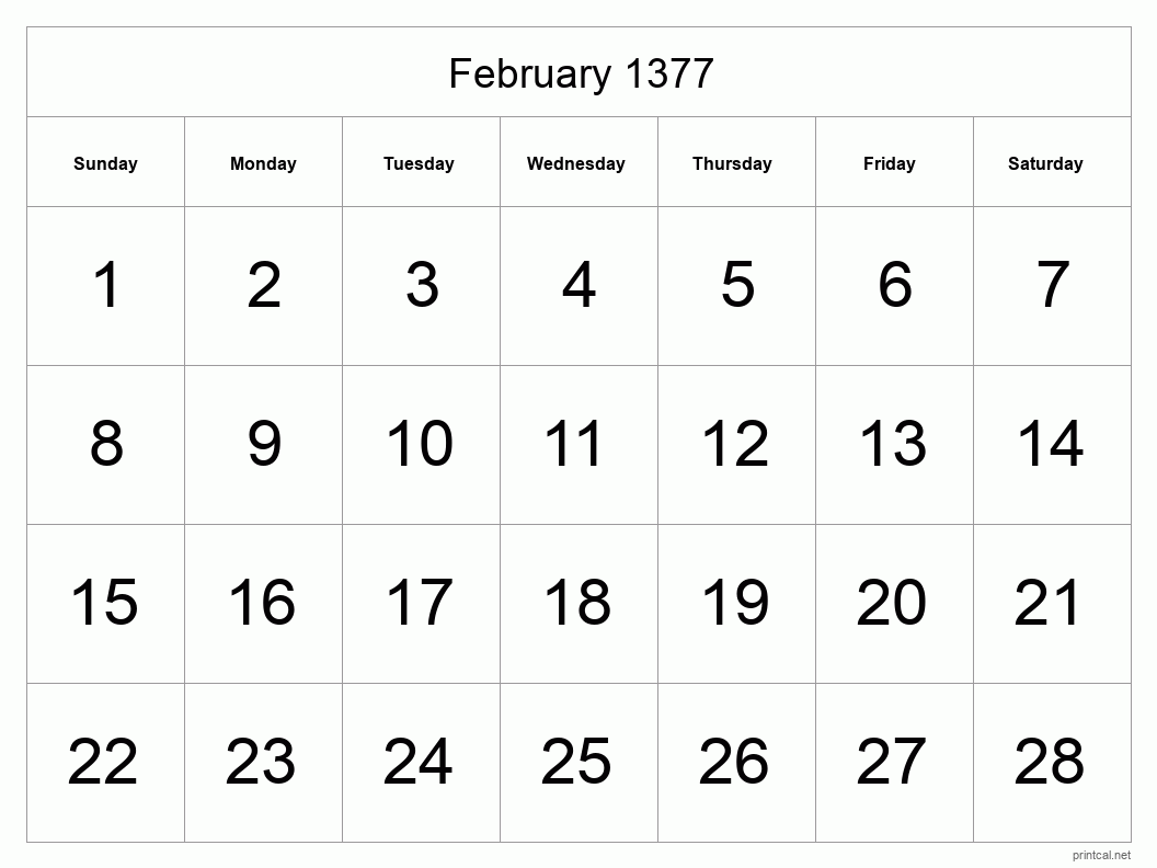 February 1377 Printable Calendar - Big Dates