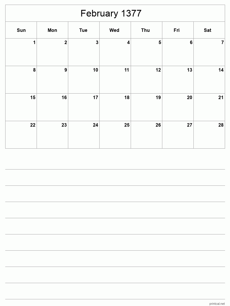 February 1377 Printable Calendar - Half-Page With Notesheet