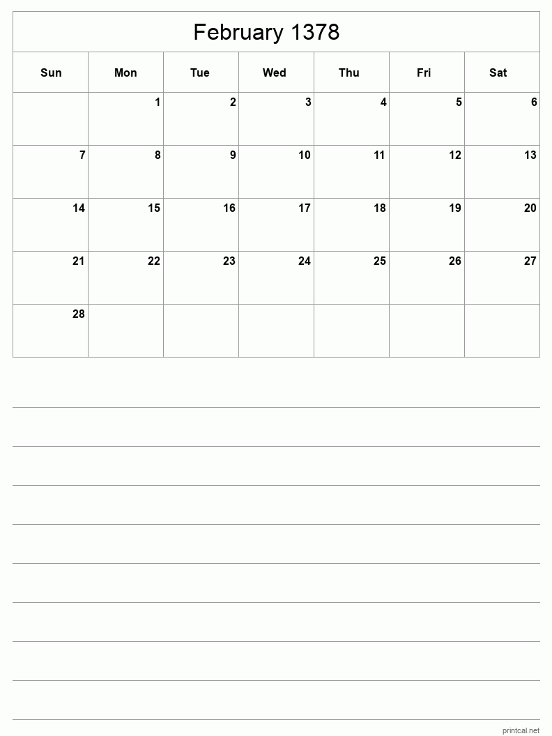 February 1378 Printable Calendar - Half-Page With Notesheet