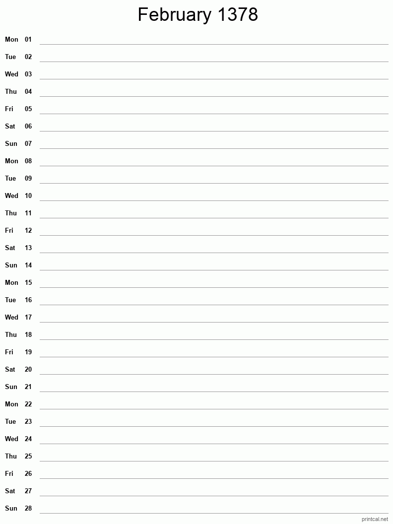 February 1378 Printable Calendar - Single Column Notesheet