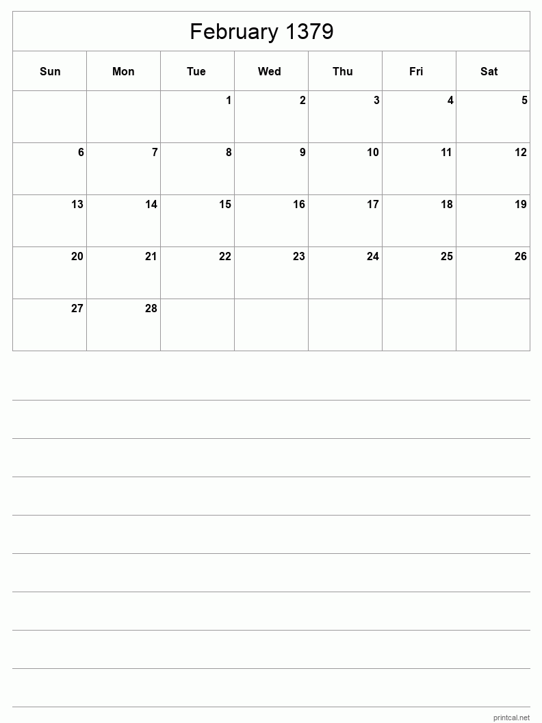 February 1379 Printable Calendar - Half-Page With Notesheet