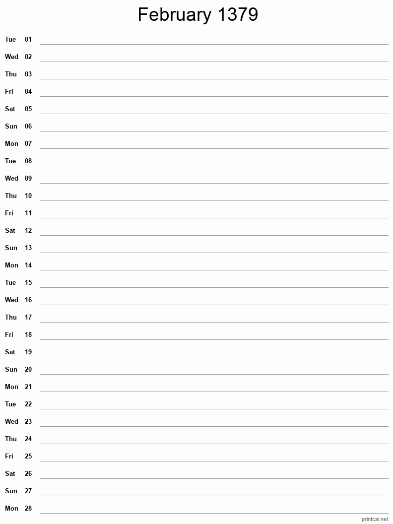 February 1379 Printable Calendar - Single Column Notesheet