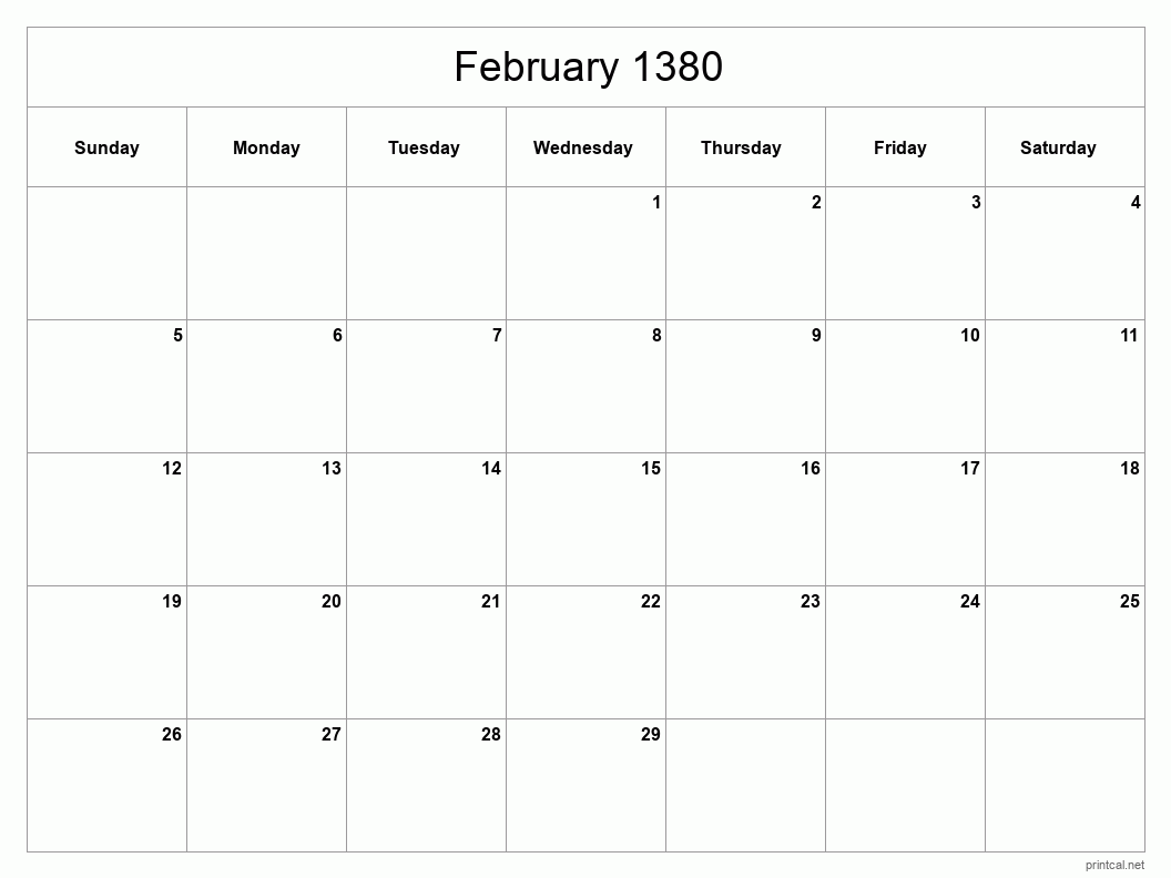 February 1380 Printable Calendar - Classic Blank Sheet